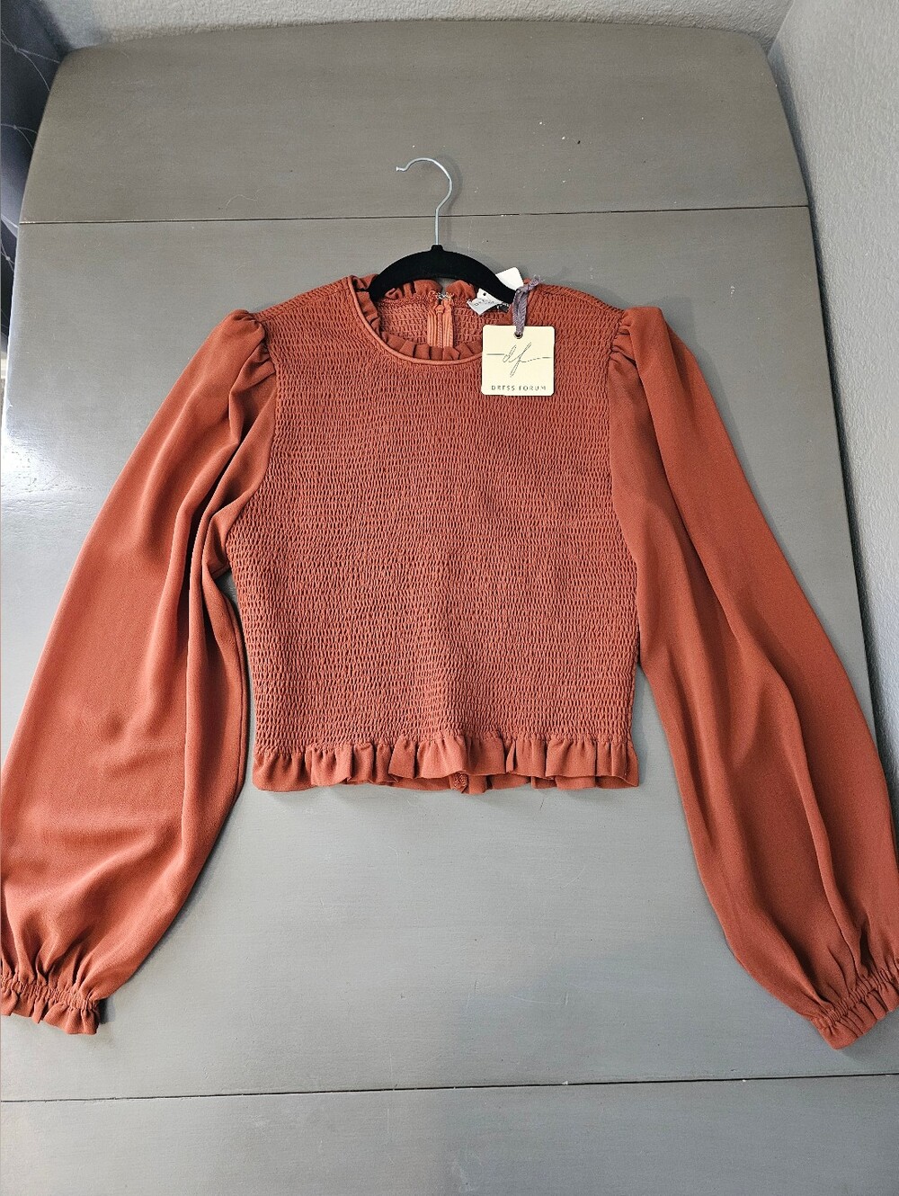 NWT Dress Forum Rust Smocked Puff Sleeve Top Size Small Fall Blouse